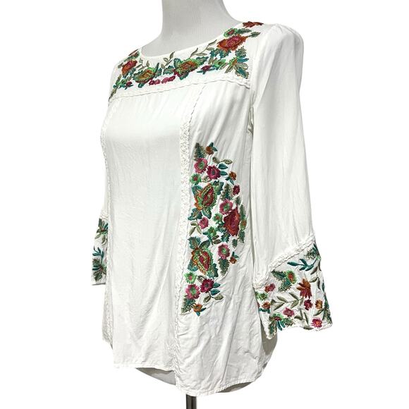 Sundance White Embroidered Top Floral Long Sleeve Peasant Boho Tunic Women’s XS - Picture 3 of 11